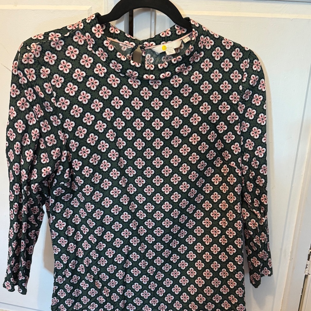 Boden Womens Lily Top Broad Bean Bud Tile Green and Pink 3/4 Sleeve Size 12R